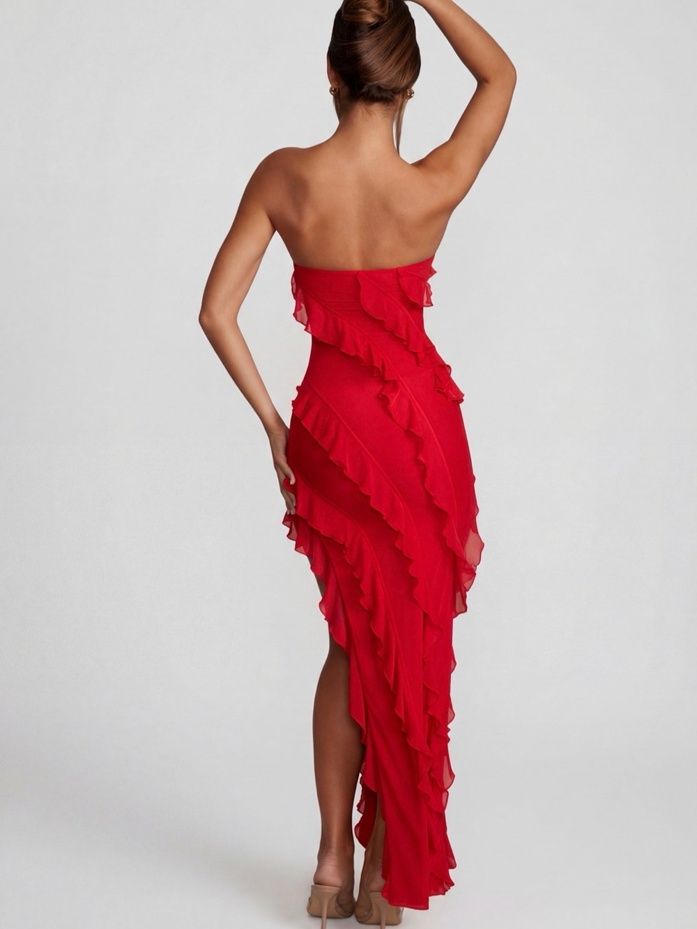 Oh Polly Nevali Bandeau Ruffle Detail Maxi Dress in Red - Picture 3 of 7